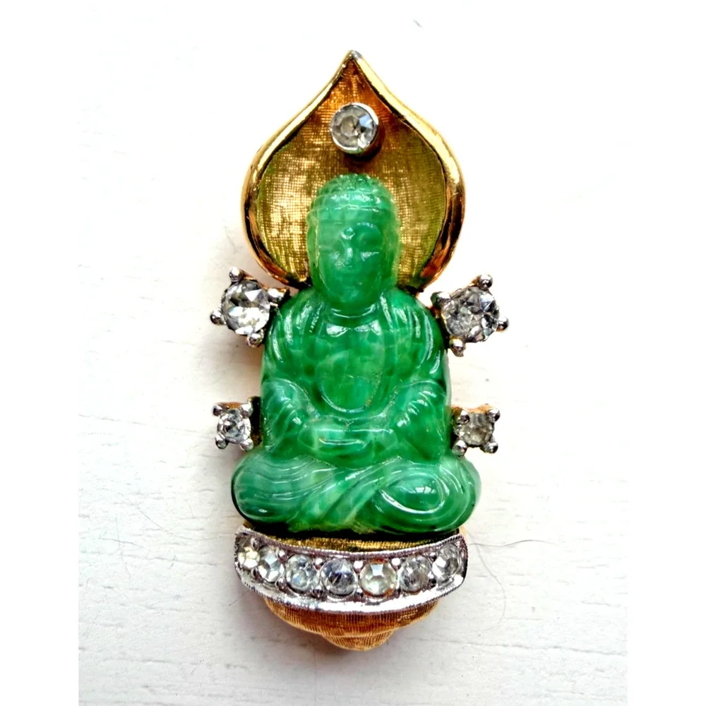 Vtg Unsigned Jomaz Gold Tone, Jadeite & Rhinestone Buddha Brooch